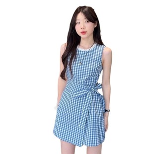 Amazon foreign trade cross-border factory direct sweet pure plaid dress women summer slim sleeveless skirt women