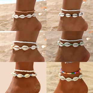 Summer Beach Vacation European and American Cross-border Foot Chain Fashion Rice Beads Hand-woven Shell Adjusting Stacked Foot Accessories for Men and Women