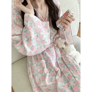 South Korea Ins New Arrival Korean Style Pajamas Women's Autumn Simple Floral Nightgown 2024 New Bathrobe Home Clothes for Women