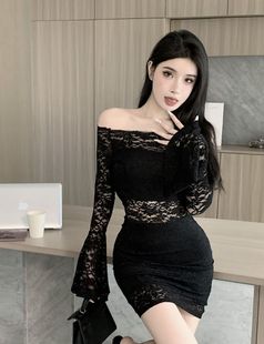 Spice Girls All-Match One-Shoulder Collar Sexy Long-Sleeved dress Lace Hollow Design Horn-Sleeved Hip Skirt for Women