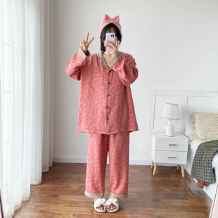 Chinese style retro spring and autumn pajamas women's cotton plus size chubby girl cardigan home clothing 200kg wearable