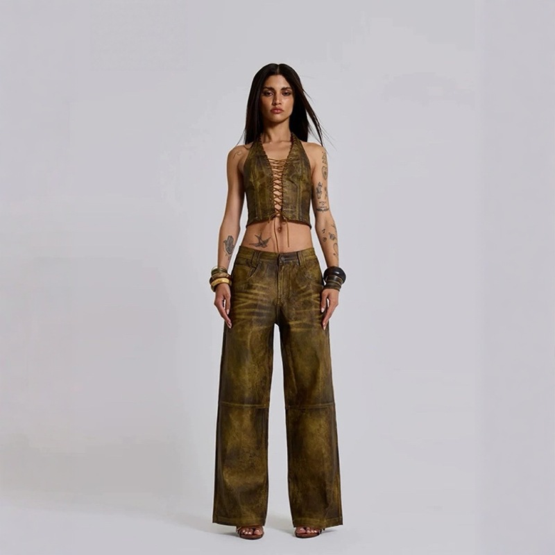 Coffee-Colored Hollow-Out Strappy Halter Leather Bustier, Sexy Backless Short Tank Top with Straps