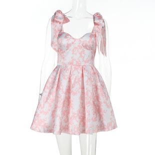 ZX24179 Summer 2024 New Sexy dress Vacation Style Elegant Slim-fit Printed Lace-up A Style Dress for Women