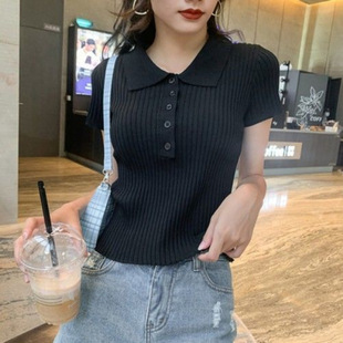 Polo Lapel Base Shirt Women's Inner Sweater Women's Spring and Autumn 2024 New Short Slim-fit Short-sleeved Knitted Top Trendy