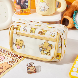 New Cheese Bear Large Capacity Pencil Case Multi-layer Storage Transparent Sandwich Pain Bag Primary School Students' Cute Pencil Case