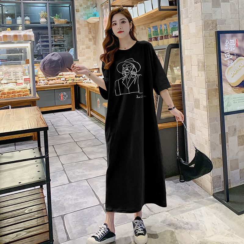 출산 여름 새로운 한국 스타일 느슨한 긴 원피스 웨스턴 스타일 오버 무릎 티셔츠 통통녀 베이스 원피스