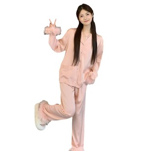 Foreign trade feather stitching detachable Korean pajamas women's spring and summer ice silk long sleeve suit outerwear homewear
