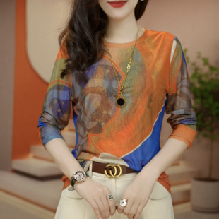 2025 New Skin Mesh Crewneck Long-sleeved Women's Top Breathable Double-layer All-match Western Style Slimming Elegant