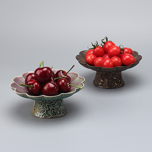 Chinese Style Vintage Kiln Change Refreshment Plate High Foot Fruit Plate Tea Saucer Japanese Style Coarse Pottery Zen Buddha Worship Household Ceramic Tray