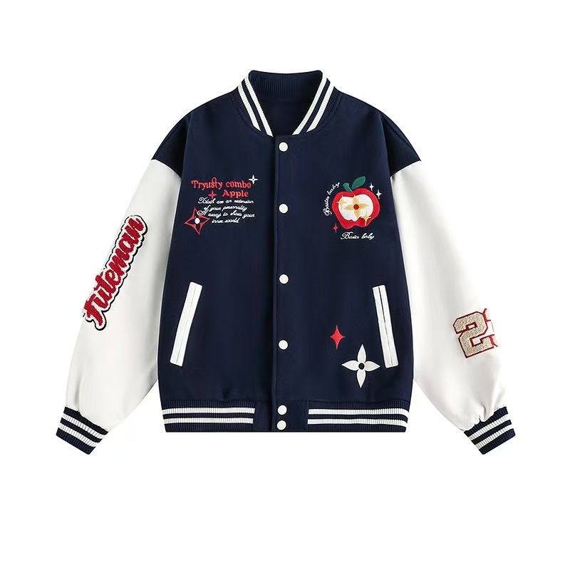 [Towel Embroidery + Leather Sleeves] Hip-Hop American Retro Apple Flocking Baseball Jacket College Style Loose and Casual