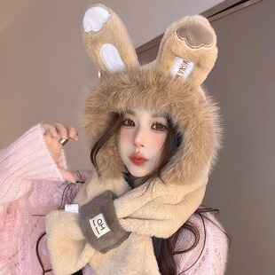 Rabbit Ear Plush Scarf Korean Style Warm Two-piece Set Winter Cute Ear Protectors Windproof All-match Thickened Pullover Cap