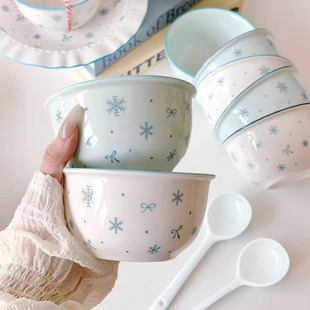 Q "bow bowl spoon set set for girls home high color underglaze rice tableware dessert bowl personal special