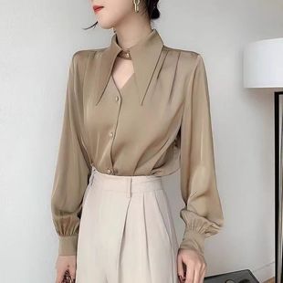 Satin Shirt Women's 2024 Spring and Autumn Korean Style Elegant Inner Long Sleeve Pointed Collar Top Draped Professional Workwear Shirt