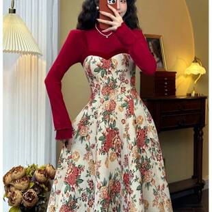 youyou home 2025 design dress French new retro temperament floral sling autumn and winter slim two-piece set
