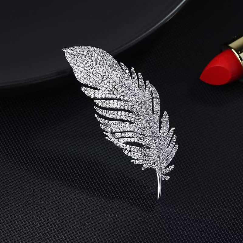 silver Korean Style Zircon Feather Brooch Women's Suit Corsage Simple Fashion Pin Coat Accessories