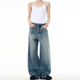 2024 Vintage Washed cleanfit Blue Straight Jeans Trendy Brand Fashion Men's American Style Wide Leg Casual Pants