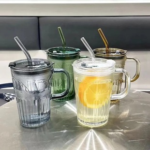 Water Cup Glass Cup with Lid Straw Coffee Cup Women's New 2025 Office Home Adult Juice Coffee Cup