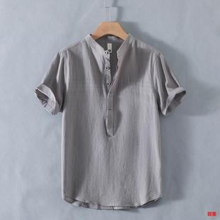 Linen Short-Sleeved T-Shirt Men's Pullover Summer Round Neck Chinese Style Stand-Up Collar Cotton and Linen T-Shirt White Thin Shirt
