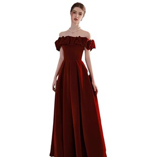 Amazon foreign trade factory wholesale new off-shoulder velvet toasting clothes wine red evening dress dress