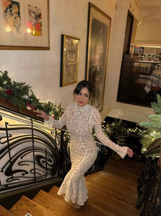 New European and American style stunning beautiful lace fishtail long sleeve perspective hip slim dress high design sense