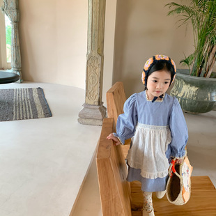 South Korea children's spring and autumn dress retro girl's dress lace Plaid baby princess dress with bib
