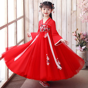 Hanfu Girl весенне-летний стиль китайский стиль детский костюм Тан супер сказочный костюм маленькая девочка вишневый цвет принцесса платье