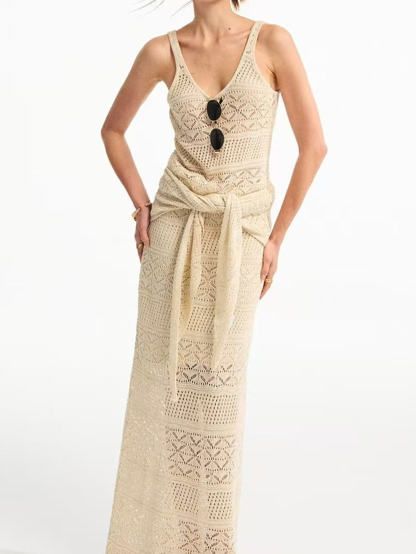 High-End Gentle Style Knitted Suit for Women, Summer Hollow-Out Crochet Strap Top, Shawl, Hip-Hugging Fishtail Skirt, New Hot Style