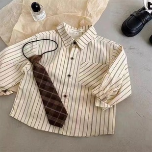 [Collection of 1245 People] Children's Long Sleeve Shirt Academy Style 2025 Spring Korean Fashion Striped Foreign Style for Boys and Girls