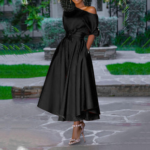 Cross-Border = New Export Amazon European and American Clothing One-Shoulder Lace-Up Waist Mid-Length Dress Mid-Skirt