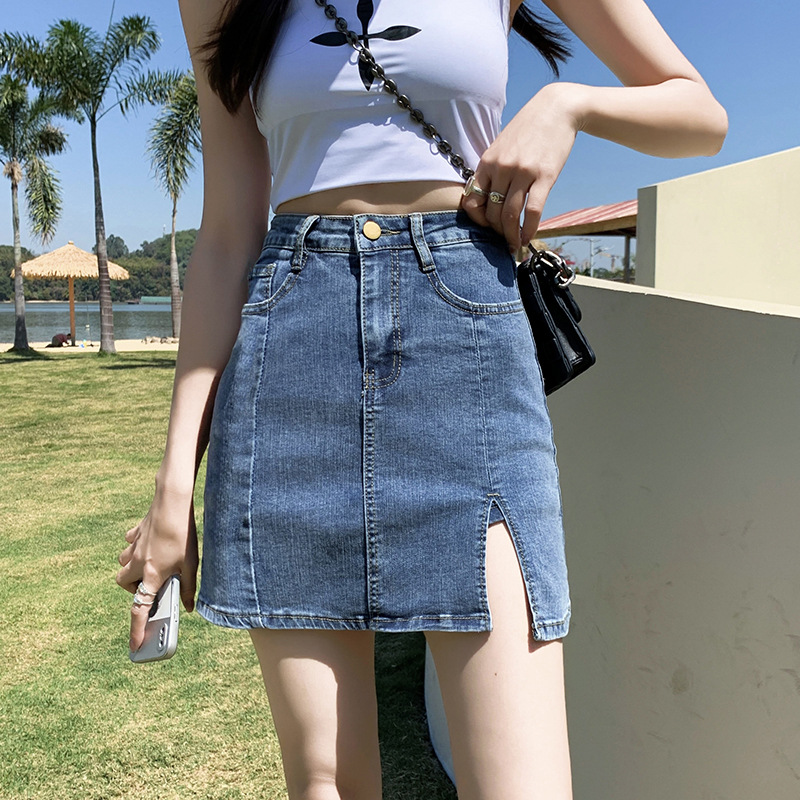 데님 짧은 치마 여자의 새로운 in 여름 하이 웨이스트 스플릿 탄성 반 길이 레트로 힙 랩 스커트 안티 슬립 A 라인 퀼로트