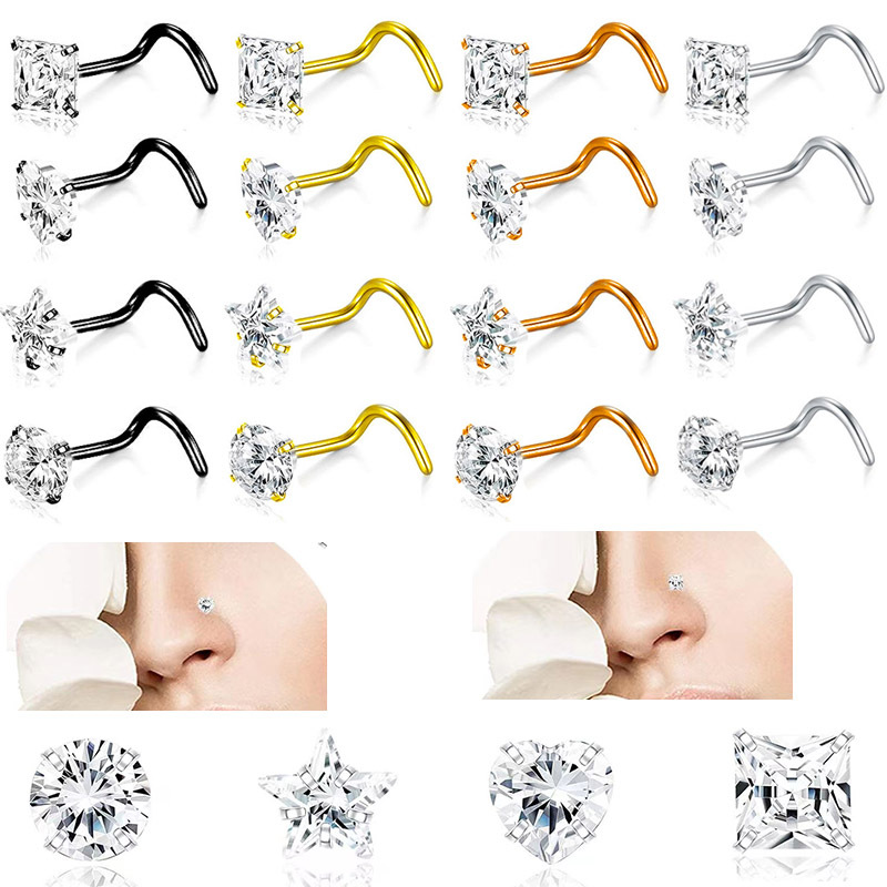 Cross-Border Hot Selling 5-Shaped Curved Rod Nose Nail Wholesale Stainless Steel Flash Combination Set Zircon Nose Ring Piercing Jewelry