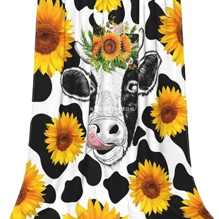 Sunflower Cow Print Cute Animal Lightweight Blanket Super Soft Plush for Sofa and Home Gift