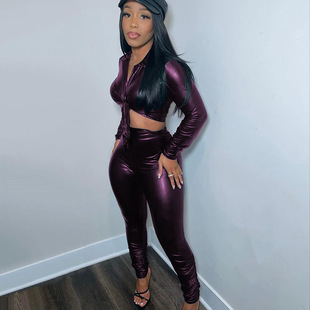 Amazon wish independent station eBay cross-border hot selling European and American women's slim long sleeve lapel imitation leather leather clothing