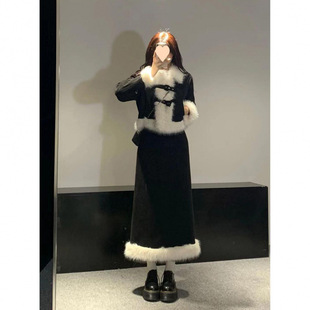 Single/two-piece snow princess autumn and winter new fur collar daughter gold style design feeling fur collar black coat skirt