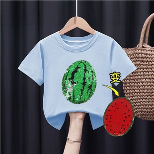 Children's Wear Children's Short-sleeved T-shirt Summer Fashion Brand Boys and Girls Cartoon Color-changing Sequin Half-sleeved Base T-shirt Top