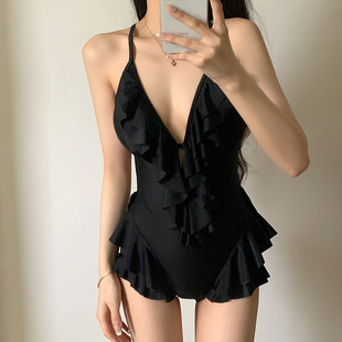 Fashionable Korean-style female one-piece solid color swimsuit small chest gathered backless character hot girl student beach vacation bikini