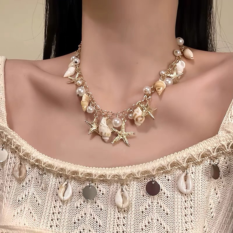 Beach Vacation Style Natural Shell Beaded Adjustable Necklace with a Design-Inspired Handmade Braided Cord, Sweet Style Clavicle Chain