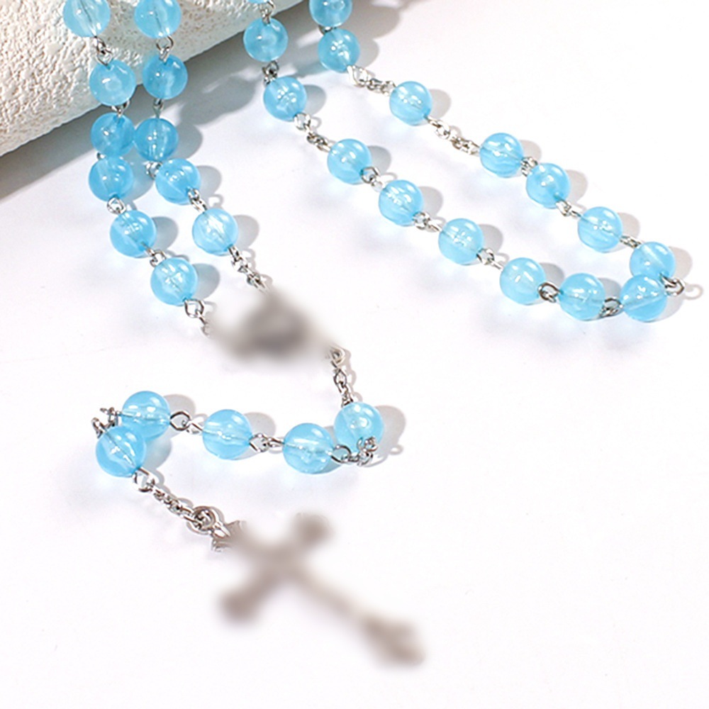 Cross Pendant Necklace for Men and Women, Gift, New Cross-Border Model, 8mm Luminous Beads, Creative Baptism Prayer Bead Necklace