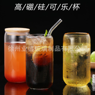 Internet Celebrity Borosilicate Coke Cup Large Capacity Bamboo Lid Large Size Pop Can Shape Glass Cold Drink Cup with Lid