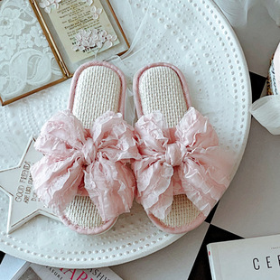 Retro Sweet Big Bow Breathable Linen Slippers Spring and Summer New Indoor Non-Slip Soft Sole Home Shoes for Four Seasons
