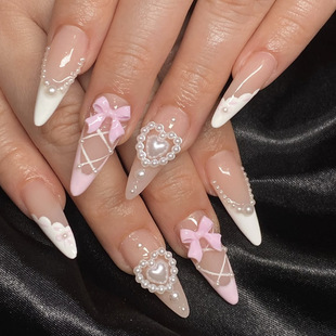 Wear Armor Long Water Drops Cross Strap Stereo Pearl Love Bow Removable Nail Patch Fake Nail