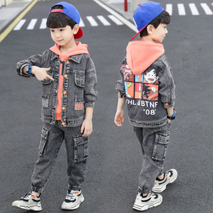 Boys' Autumn suit 2024 New CUHK Children's Casual Boys Spring Cartoon Printed Denim Three-Piece Fashionable Set