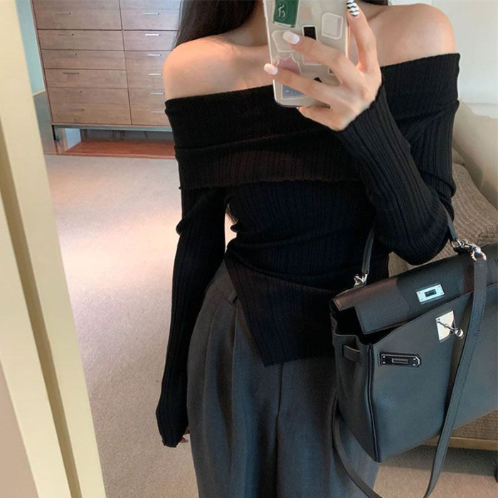 섹시한 여성용 원숄더 가을 겨울 이너웨어 티셔츠, 한국 스타일 슬림핏, 순수하고 매력적인 이너웨어 여성용 티셔츠