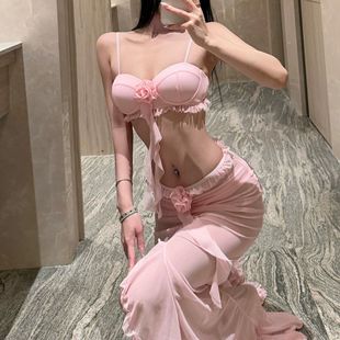 Pink Sling Steel Long Dress Bikini Swimsuit Women's Three-Piece Set Hot Spring Big Chest Sexy Holiday Beach Seaside