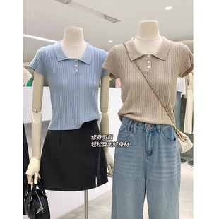 Age-Reducing Essentials! Classic Versatile Solid Color Polo Collar Short-Sleeve Knit Top Summer New Miu Style T-Shirt for Women