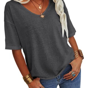 Women's T-shirt V-neck Half-sleeve Loose Shirt Casual Solid Color Basic Top