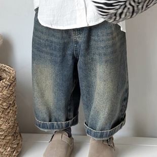 2024 Korean Style Spring and Autumn New Children's American Fashionable Western Style Loose Wide Leg Pants Jeans Boys and Girls Pants