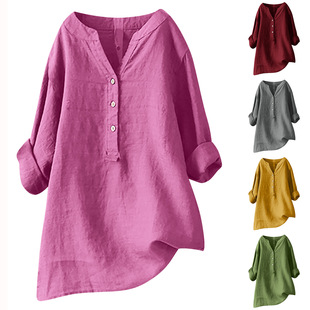 Amazon 2023 Summer Spot ebay AliExpress Europe and America Loose Clear Color Shirt Cotton Linen Top Pocket Women's Clothing
