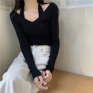 Knitwear top 2023 Women's autumn and winter New elegant design sense niche halter fake two-piece long sleeve bottoming shirt fashion