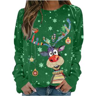 European and American Christmas hot sale Women's sweater 3D printing cute elk printing European and American Foreign Trade women's clothing straight hair
